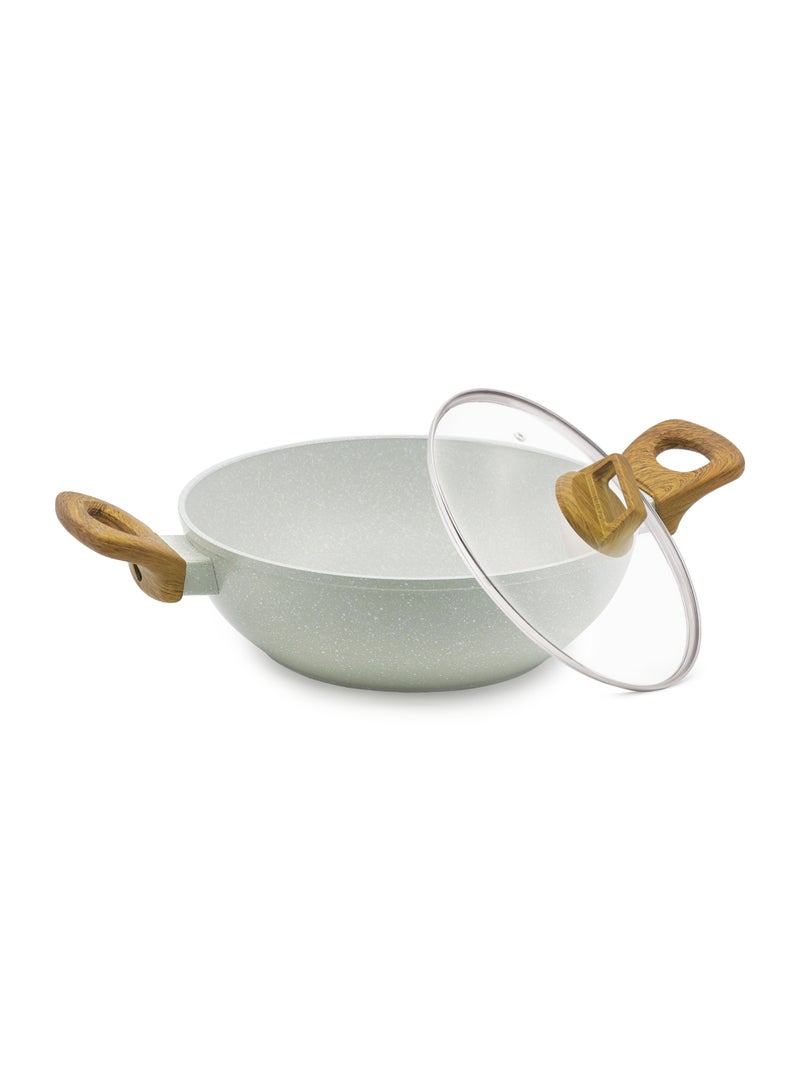 Bergner 24cm (2L) Cast Aluminum Stir-Fry Pan with Glass Lid & Trivet, Marble Non-Stick Coating Deep Frying Pan, Even Heating Kadai, Low Oil Use Healthy Cooking Wok, Induction & Gas Stove Compatible - Image 1